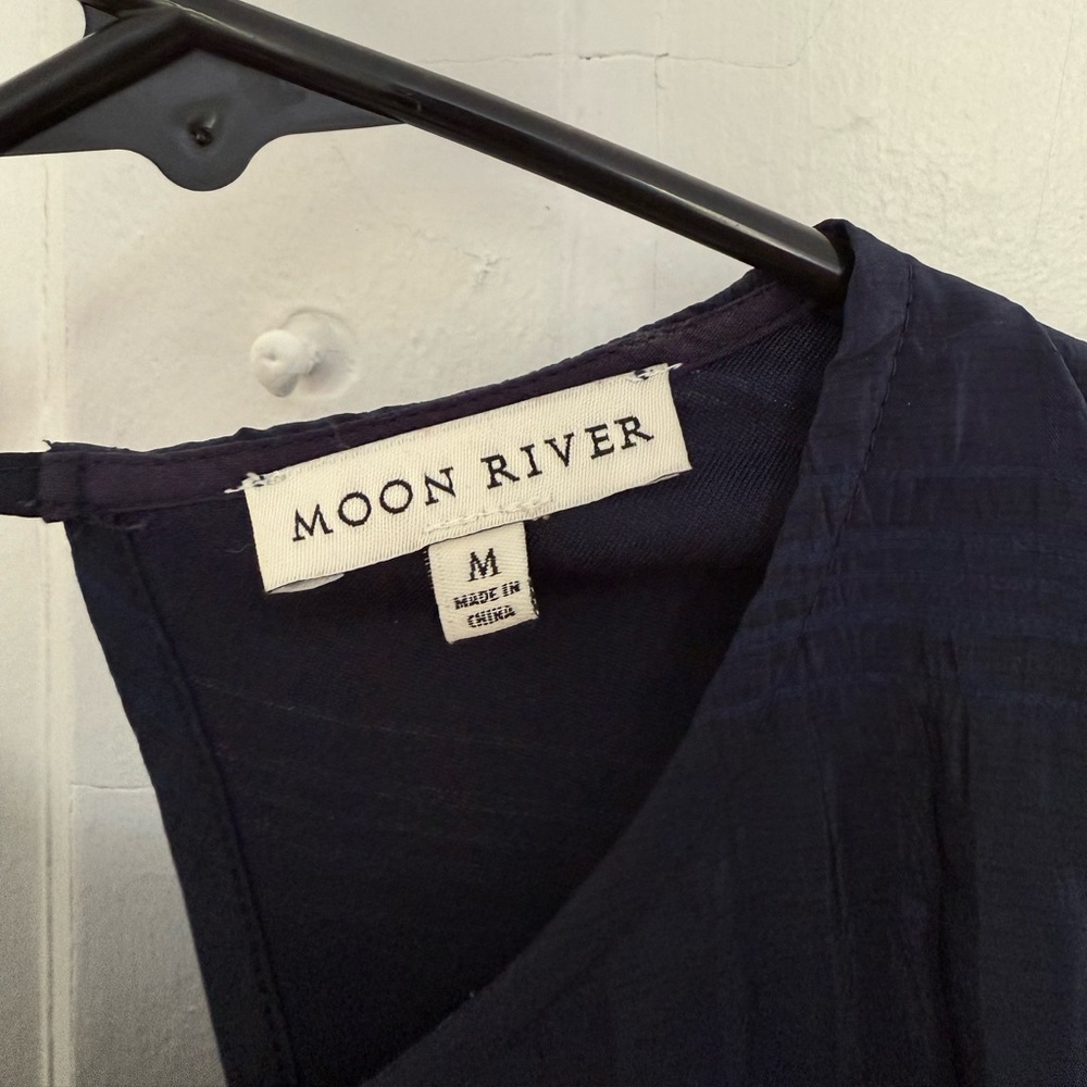 Moon River Puff Sleeve Navy Midi Christmas Holiday Dress With Stripe Texture M - Picture 7 of 7